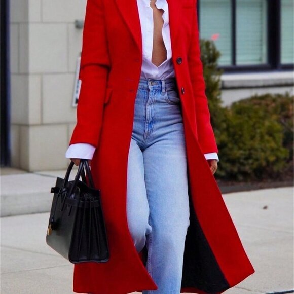 Elegant Women's Coat Single-Breasted Pea Coat Casual Long Lapel Coat Red